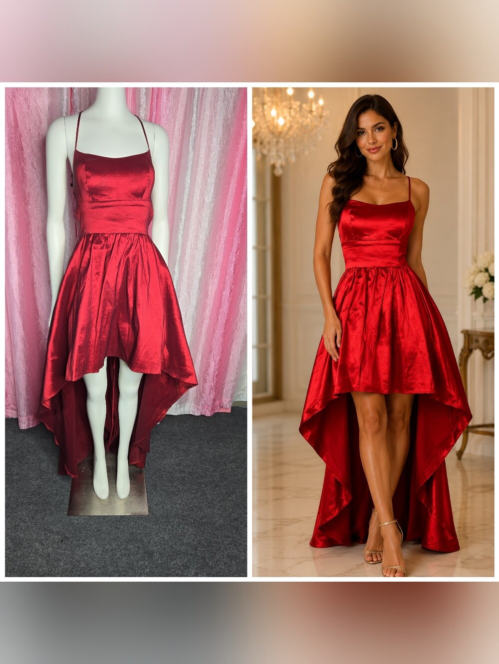 B. Darlin Red Satin Shimmer Hi-Low Bustier Strappy Prom Formal Dress Size 5/6